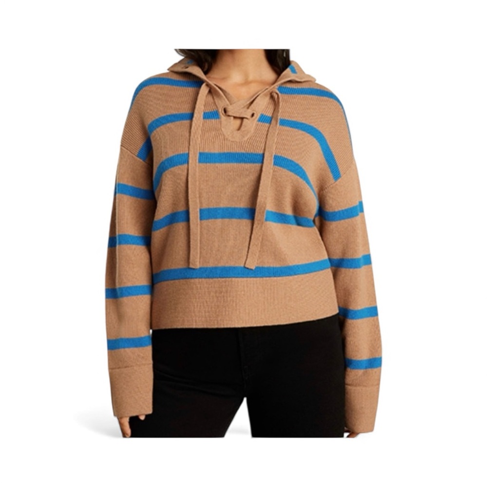 EVERLANE Lace-Up Sweater Brown Blue Striped Wool Cotton XS NWT